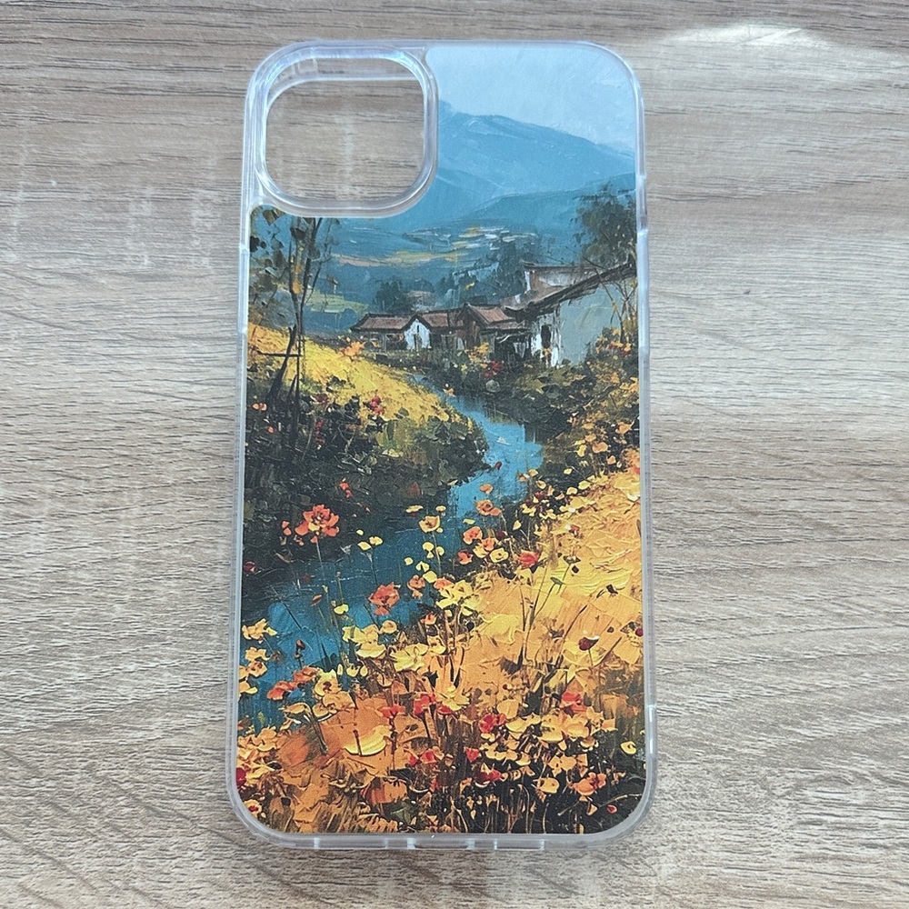 Floral Landscape iPhone 14 Plus MagSafe Silicone Case Yellow Orange Blue